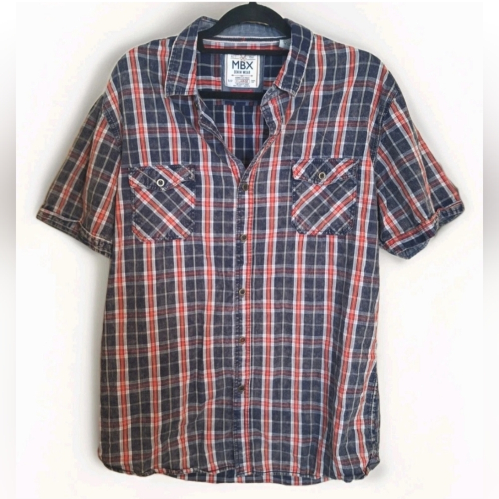 MBX Denim Wear Mens Button Up Polo Collared Shirt Slim Fit Size XL Plaid